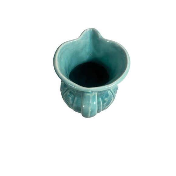Old Aqua Green Pottery Pitcher w Handle 4.5” Oak Leaf Checked Vintage Excellent - Picture 7 of 12